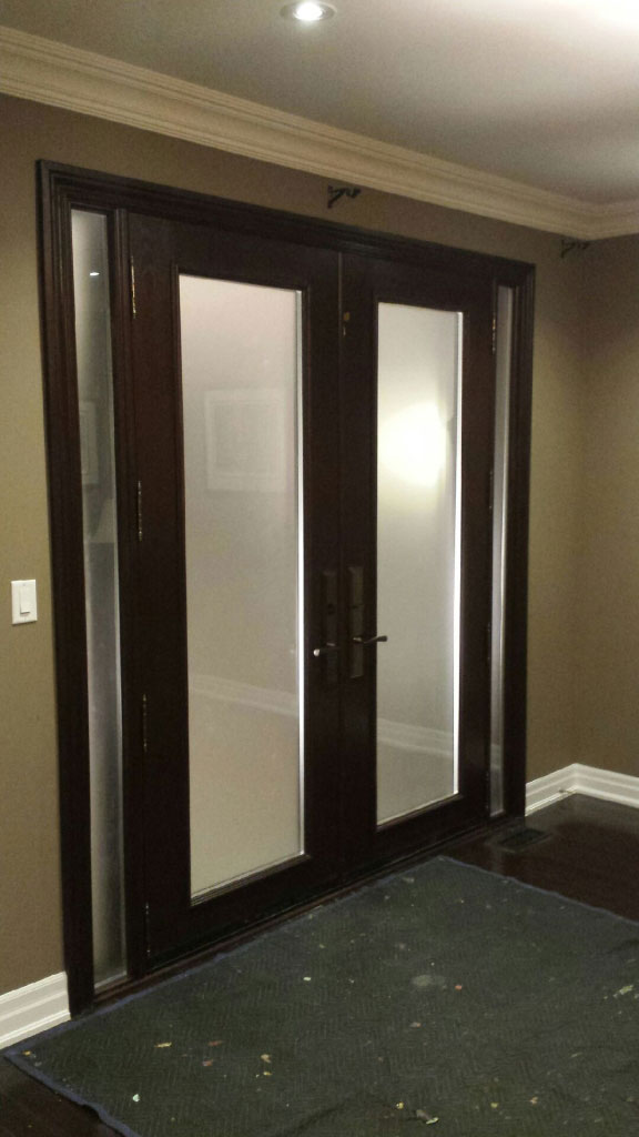 Exterior Double Doors-Wood Grain Doors-Fiberglass Double Doors with Frosted Glass and 2 Side Lites Installed by Windows and Doors Toronto-Inside View