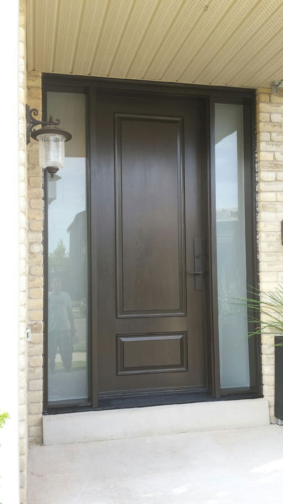 2 Panel Fiberglass Exterior Door with 2 Frosted Side Lites and Multi Point Locks installed in Toronto