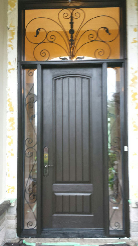 Rustic Front Entry Door with 2 Iron Art Side Lites and Transom