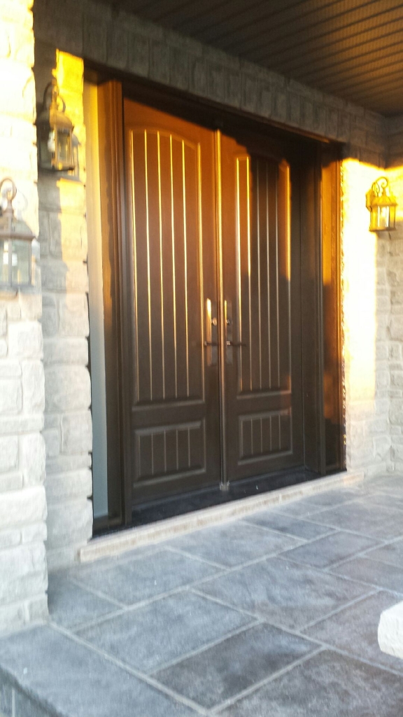 Fiberglass Rustic Double Doors with 2 frosted side lites installed in Richmond Hill by Windows and Doors Toronto-Side View