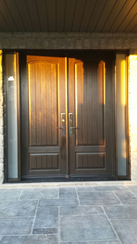 Fiberglass Rustic Double Doors with 2 frosted side lites installed in Richmond Hill by Windows and Doors Toronto