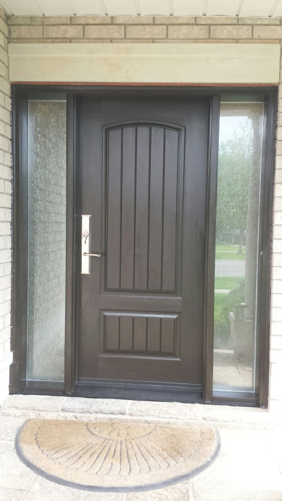 Rustic Fiberglass Exterior Door with 2 Frosted Side Lites installed in Toronto Fiberglass Rustic Double Doors with 2 frosted side lites installed in Richmond Hill by Win