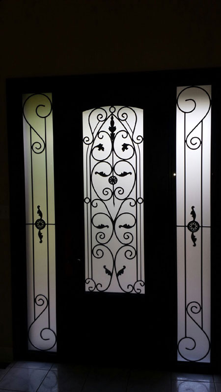 Wrought Iron Fiberglass Doors With 2 Side LItes Installed in Oakville-Inside View
