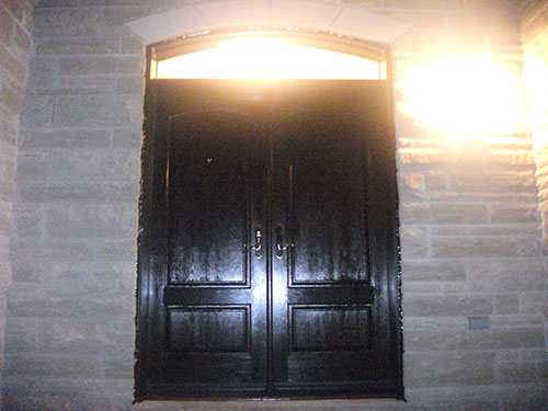 woodgrain Entry Doors with Transom, Outside View Installed by windows and doors toronto