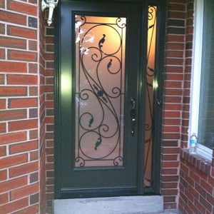 Serafina Design Fiberglass Wrought Iron Single Frosted Glass Door with 2 Iron Arts Side Lites Installed by Windows and Doors Toronto