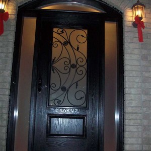 Wood grain Door, Glass design Door with Matching Arch ransom & 2 Frosted Side Lites Installed by Windows and Doors Toronto in Downtown Toronto