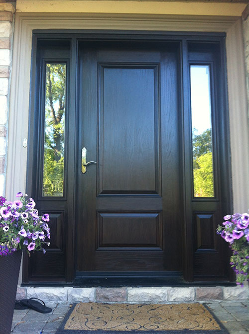 Wood grain Door with 2 Side Lites, Outside View installed by Windows and Doors Toronto