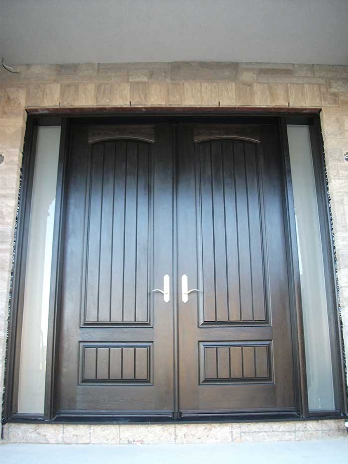 8-Foot Doors, Fiberglass-Rustic-Parliament-Front-Doors-with-2-Frosted-Slim-Side-Lites-Installed- by Windows and Doors Toronto