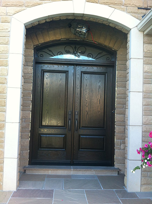 8 Foot Doors, Fiberglass Woodgrain Fiberglass Solid Double Doors with Arch iron Art Transom Installed by Windows and Doors Toronto
