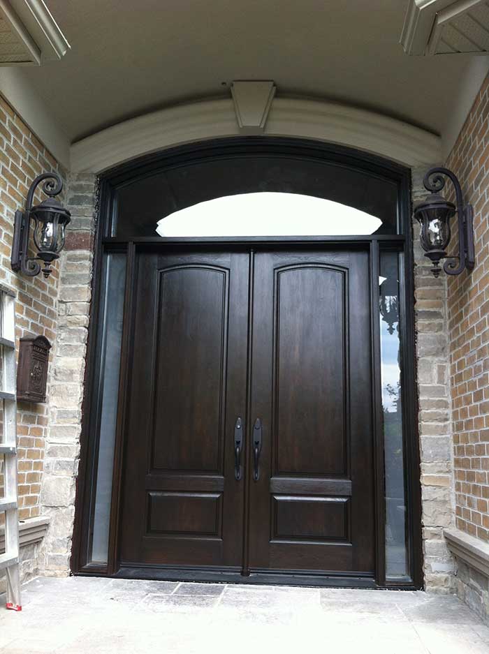 8-Foot-Fiberglass-Double-Solid-Parliament-Front-Door-with-2-SIde-Lights-and-Matching-Art-Transom-Installed- by Windows and Doors Toronto