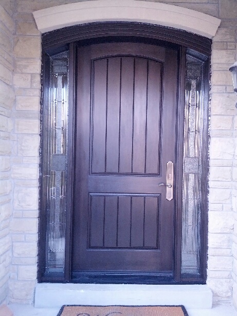 Arched Fiberglass Door-Rustic Fiberglass Door with 2 Side Lites installed by windowsanddoors.ca in Vaughan