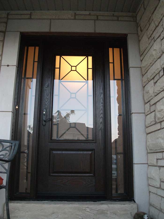 Custom Doors-Fiberglass Single Front Door with 2 Iron Art Side lights Installed by Windows and Doors Toronto in Woodbridge