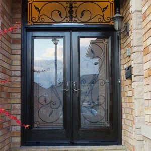 Custom Doors, Woodgrain Fiberglass Double Iron Art Glass Design Front Door with Iron Art Ransom Installed by Windows and Doors Toronto in Woodbridge