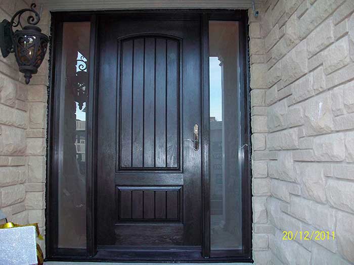 Rustic Door Single Fiberglass Rustic Solid Door, Woodgrain with 2 Frosted Side Lites Installed by Windows and Doors Toronto in Thornhill