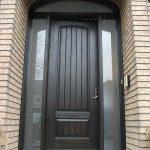 Rustic Door, Single Fiberglass Solid RusticDoor With 2 Side Frosted Lights and Arch ransom Installed by Windows and Doors Toronto in Oakville