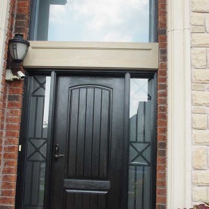 Rustic Door, Single Solid Fiberglass Front Door with 2 Iron Art Side Lites and Transom Installed by Windows and Doors Toronto in Markham Ontario