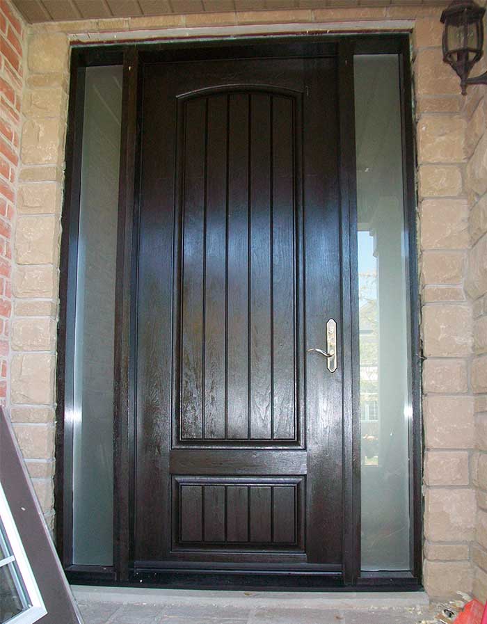 Rustic Door, Single Solid Fiberglass Front Door with 2 Side lites installed by Windows and Doors Toronto in Newmarket
