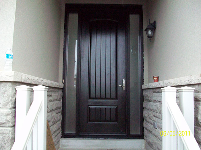 Rustic Doors, 8-Foot-FiberglasSigle-Solid-Door-with-2-frosted-Side-Lites-Installed by Windows and Doors Toronto-in-Newmarket-Ontario