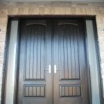 Rustic Doors, 8-Foot-Fiberglass Parliament-Front-Doors-with-2-Frosted-Slim-Side-Lites-Installed by Windows and Doors Toronto-in-Maple