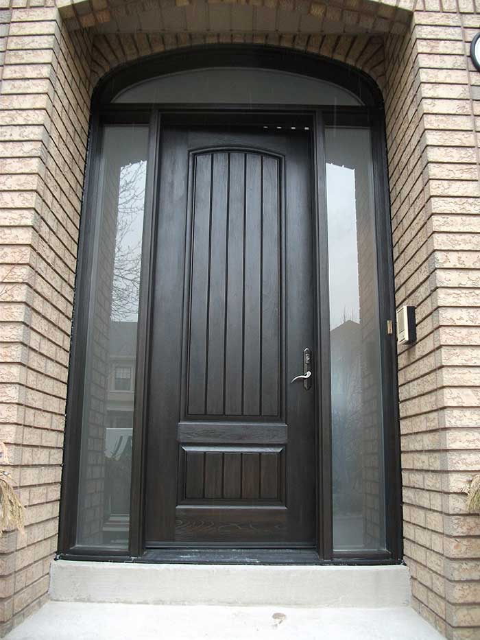 Rustic Doors-8 Foot-Single-Solid-Front-Door-with ,-2-Frosted-Side-Lite-Panel-&-Matching-Art-Transom installed by Windows and Doors Toronto