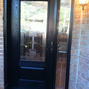 Stained Glass Woodgrain Fiberglass Single Door with Side Lite installed by Windows And Doors Toronto