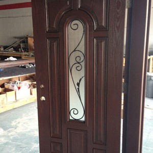 8 Panel Fiberglass Woodgrain Front Doors with Clear Glass Side Lites Iron Art Designs During Manufacturing by windowsanddoorstoronto.ca