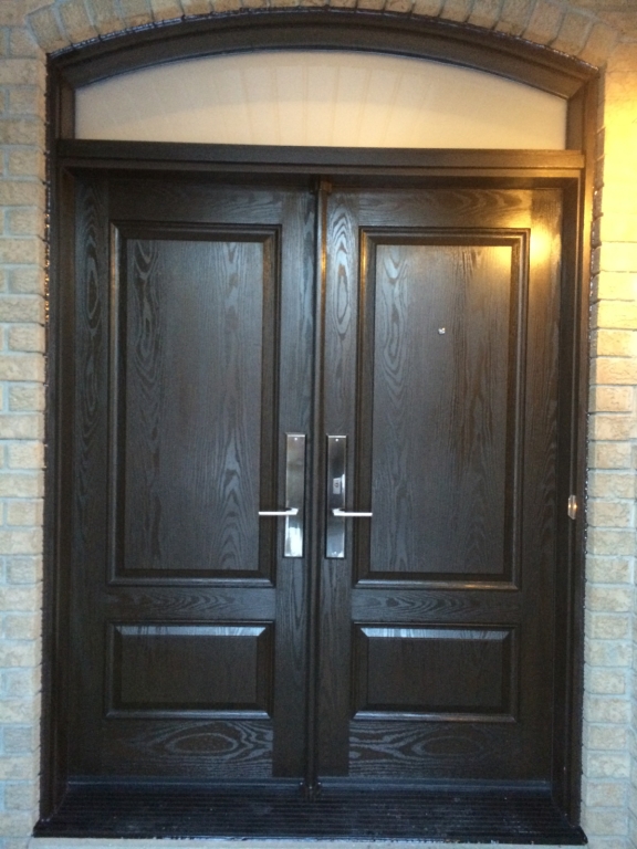 Custom doors-woodgrain Fiberglass doors with Transom installed in Thornhill by windowsanddoorstoronto.ca