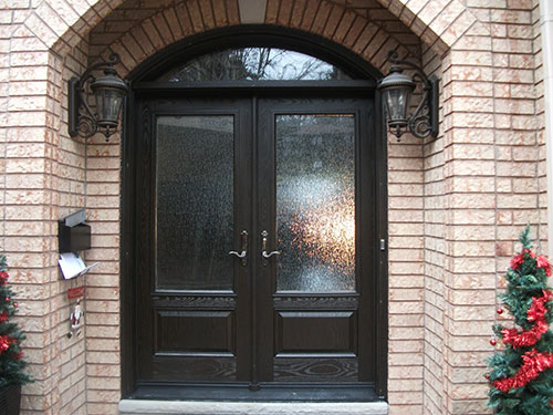 Wood grain Fiberglass Doors, Stained Glass Double Doors with Arch Transom Installed by Windows and Doors Toronto