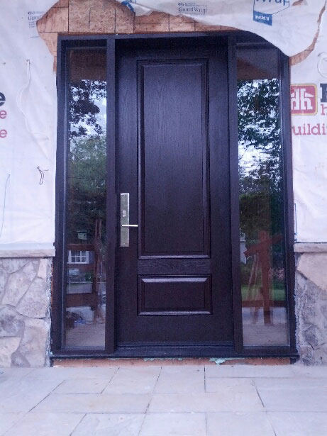 Fiberglass Woodgrain Executive Door with 2 Clear Side lites and Multi Points Lock installed Richmond Hill Installed by WIndows and Doors Toronto