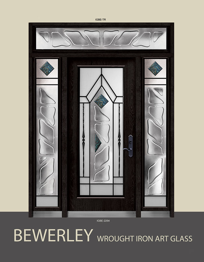 Bewerley Design Wrought Iron Stained Glass Fiberglass Door with 2 Side Lites and Rectangle Transom